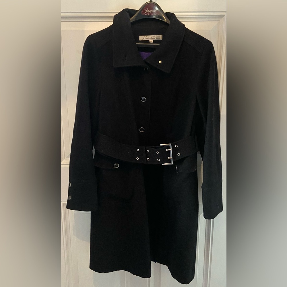 Kenneth Cole New York Black Coat Double Grommet Belted. Size 14.